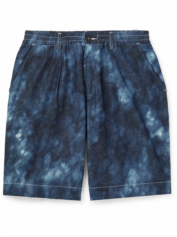 Photo: Universal Works - Wide-Leg Pleated Tie-Dyed Denim Shorts - Blue