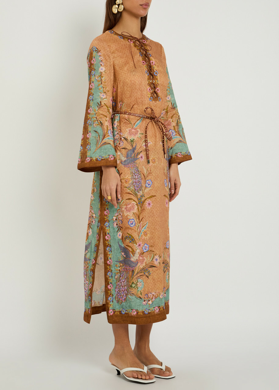 Zimmermann Indra Belted Printed Linen Midi Tunic Dress Tan