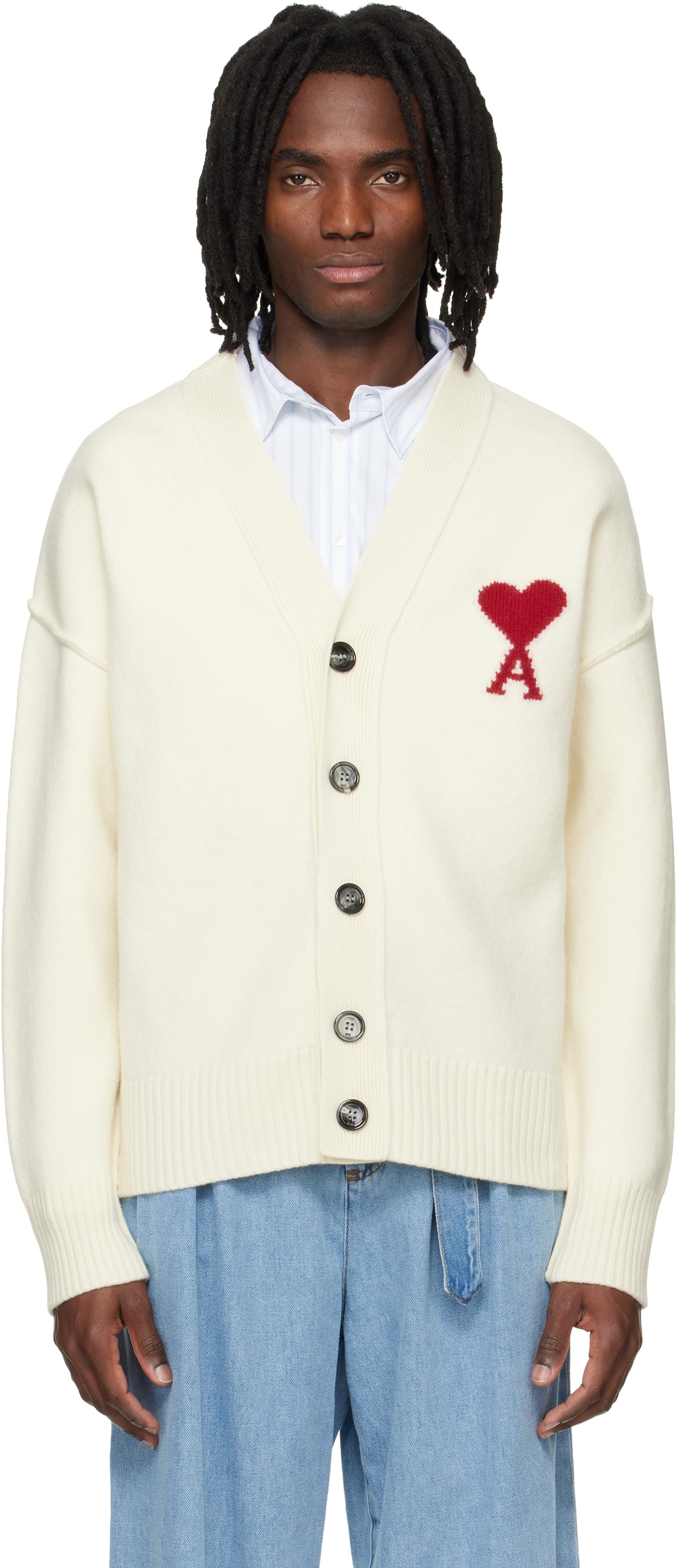 ami ホワイト ニットカーディガン M AMI Paris Ami De Coeur Wool Cardigan | White | FARFETCH