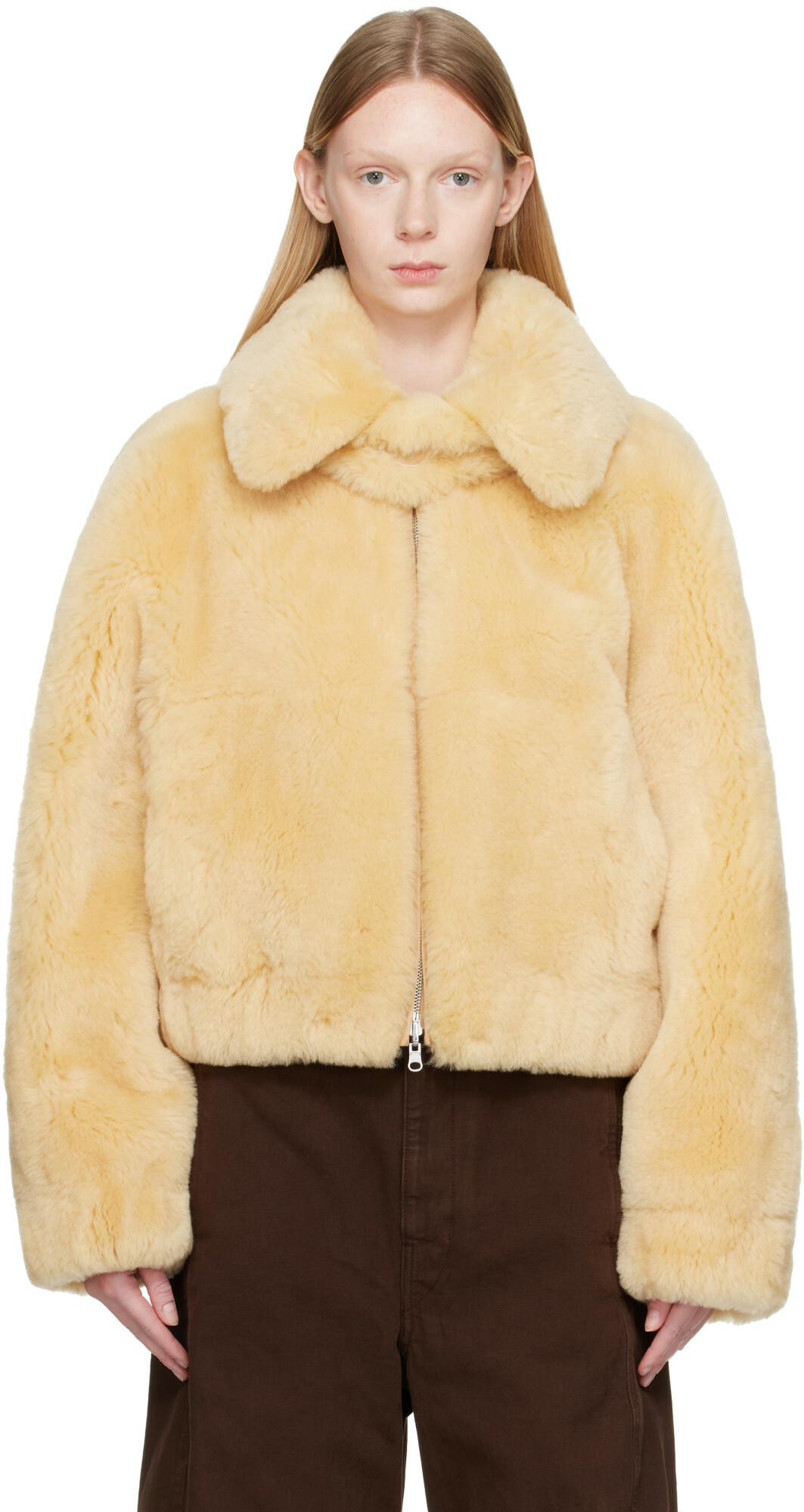 Helmut Lang Beige Reversible Shearling Bomber Jacket