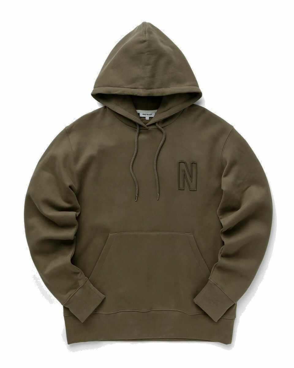 Photo: Norse Projects Arne Relaxed Organic Brushed Fleece N Logo Hoodie Green - Mens - Hoodies