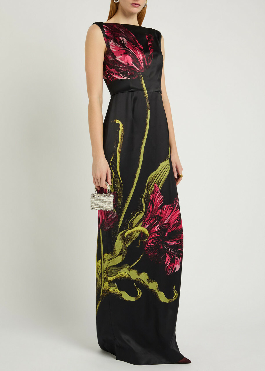 Erdem Floral Wide-neck Satin Gown Black