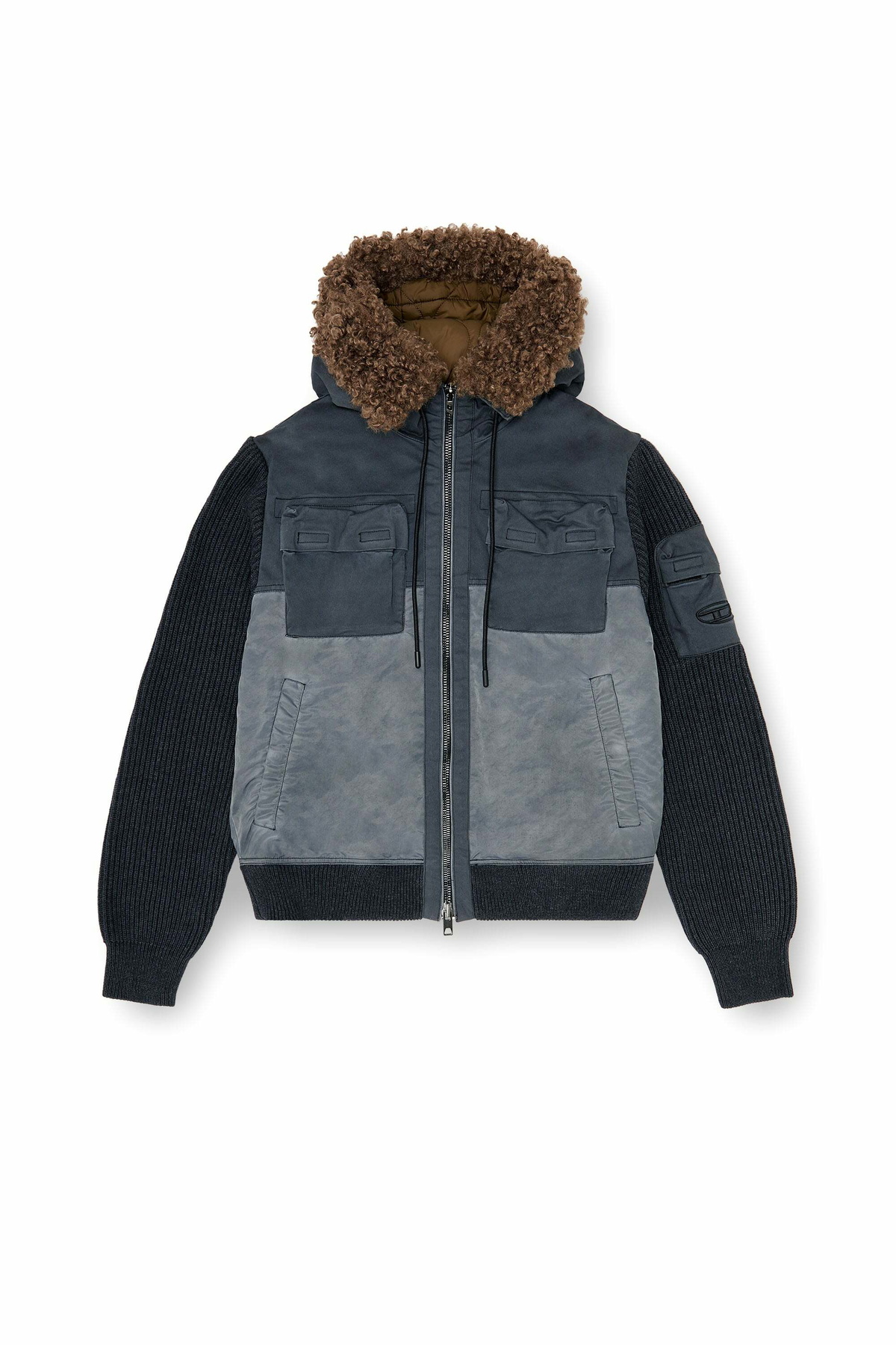Diesel Hooded padded jacket with knitted sleeves - Winter Jackets Mens in Blue