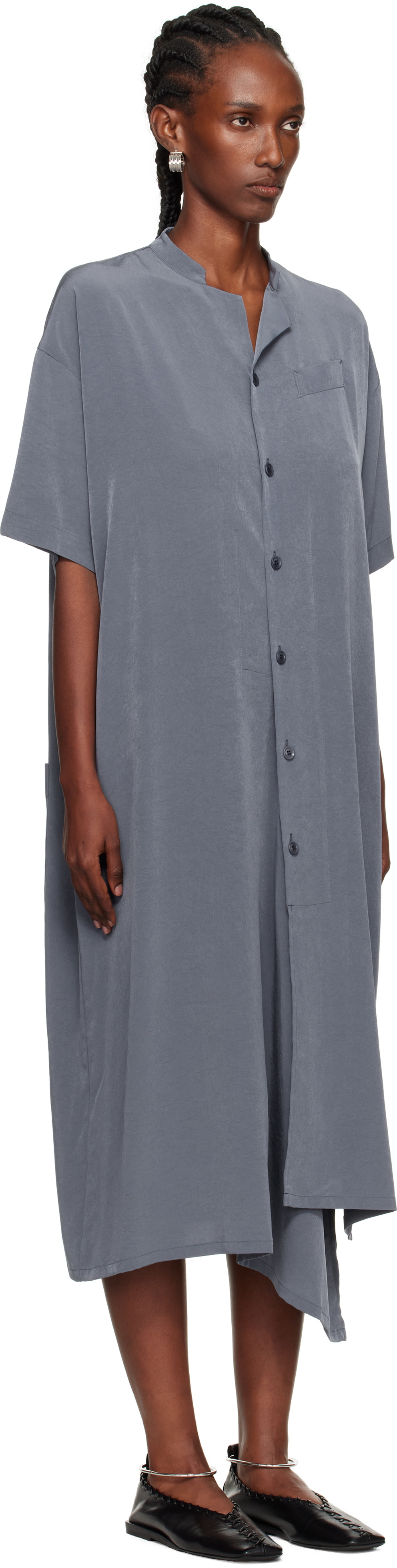 Y's Blue N-Half Sleeve Box Shirt Midi Dress