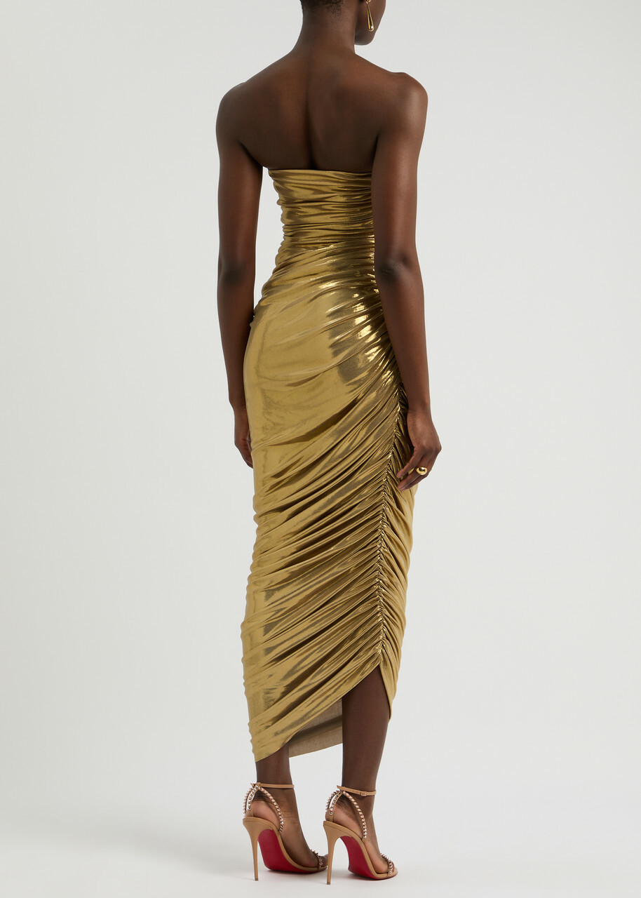Norma Kamali Diana Ruched Metallic Stretch-jersey Maxi Dress Metallic Gold  Norma Kamali