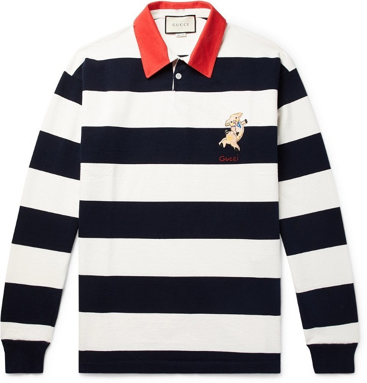 Photo: Gucci - Appliquéd Striped Cotton-Jersey Polo Shirt - Men - Blue