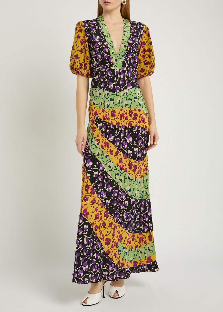 LA Double J Marlene Floral-print Silk Maxi Dress Yellow