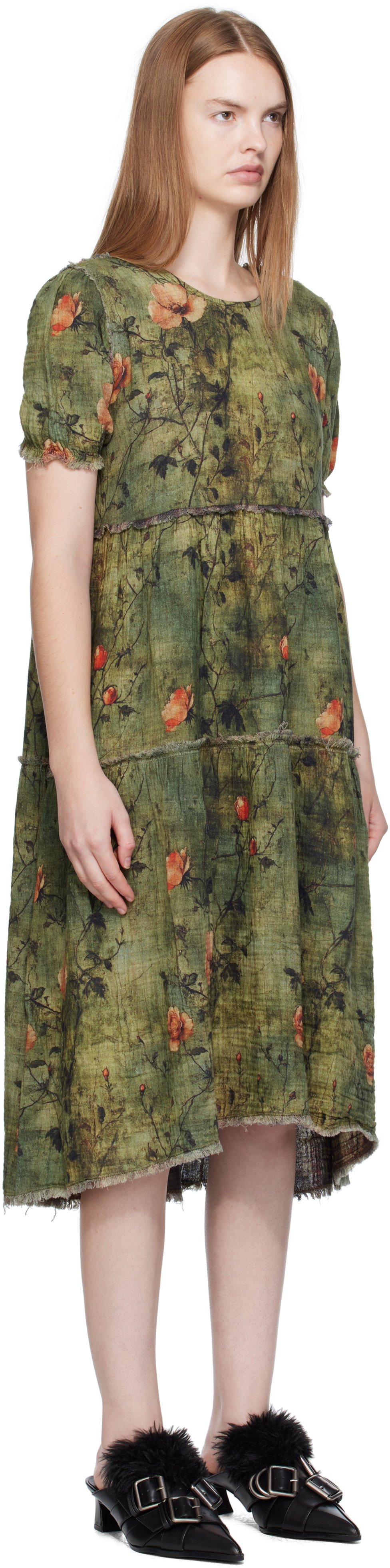 R13 Green Shredded Relaxed Reversible Midi Dress