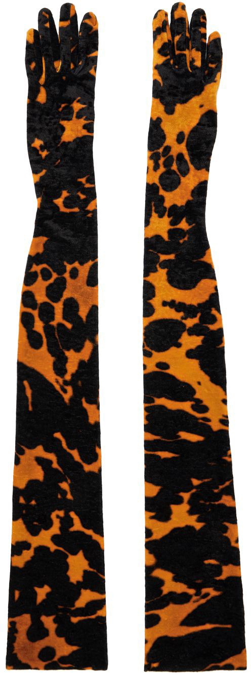 Dries Van Noten Orange & Black Long Crushed Velvet Gloves Dries