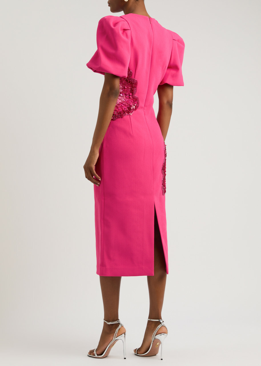 【REBECCA VALLANCE】Layana puff-sleeve embellish midi dress REBECCA VALLANCE Layana Puff-Sleeve Embellished Midi Dress