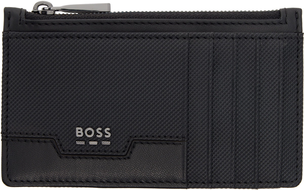 BOSS Black Textured Faux-Leather Card Holder