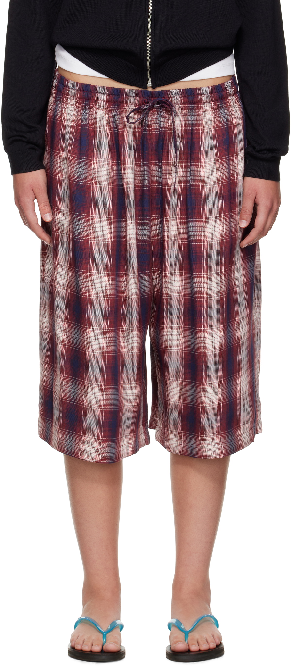 Acne Studios Red & Navy Check Shorts