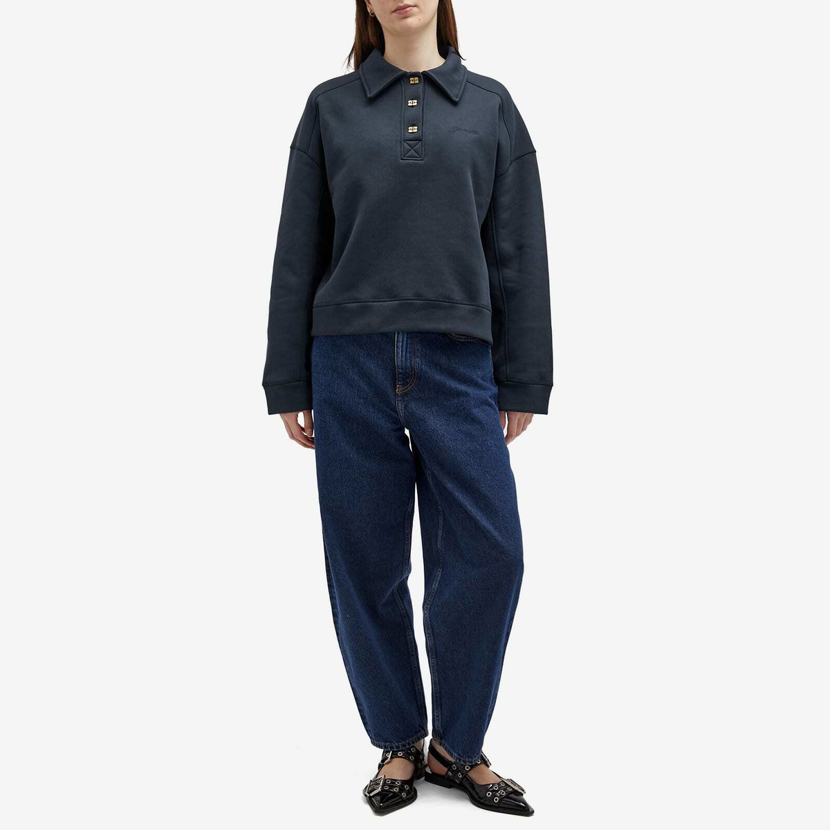 GANNI Women's Heavy Fleece Drop Shoulder Polo in Sky Captain GANNI