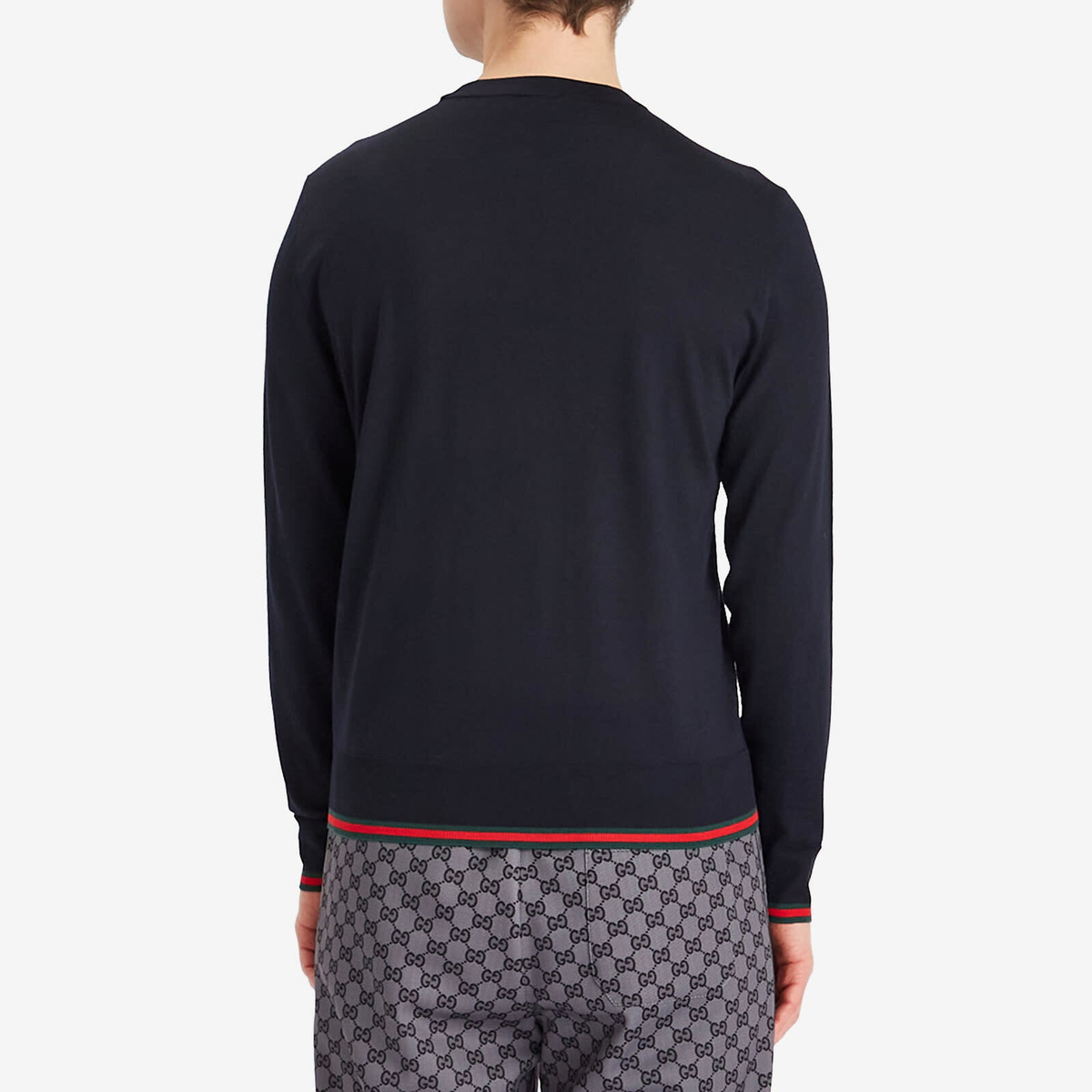 Gucci Men's Fine Gauge Wool Crew Neck Knit in Ink/Green/Red