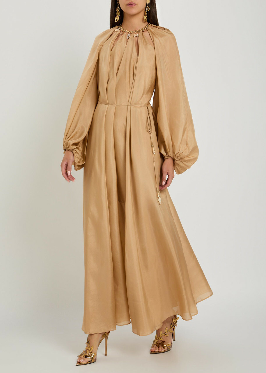 Zimmermann Mohon Charm-effect Silk Midi Dress Beige