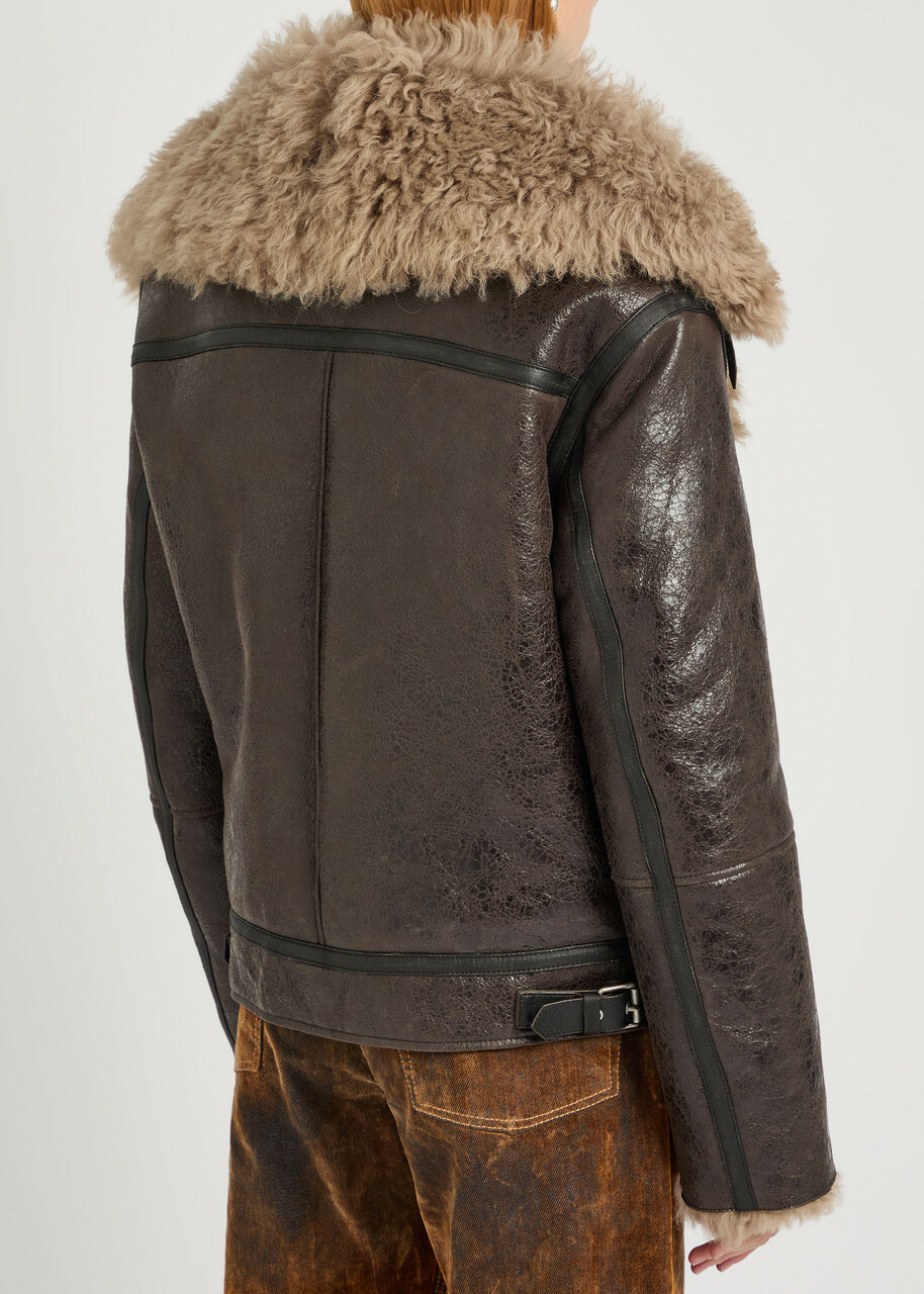 Acne Studios Leather Shearling Jacket Dark Grey