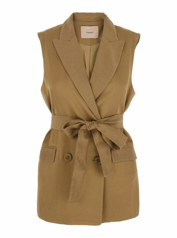 Photo: TwinSet Beige Double-breasted Vest With Peak Revers And Adjustable Belt In Viscose Blend Woman