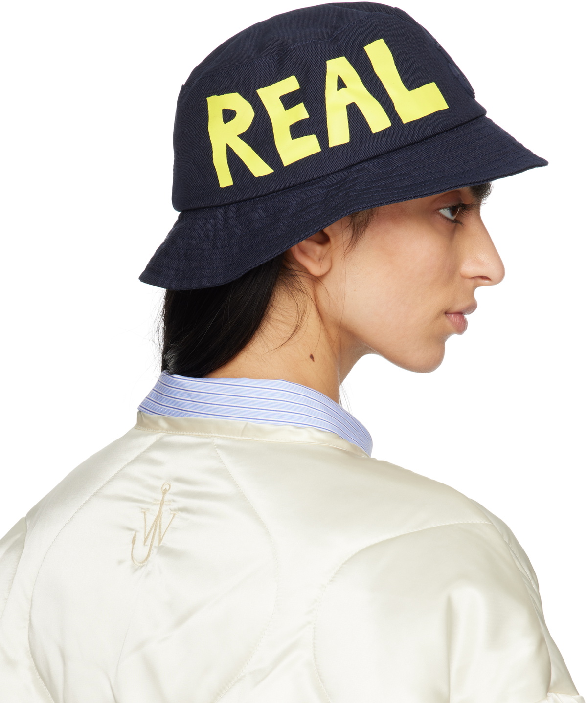 JW Anderson Navy 'Real Sleep' Slogan Bucket Hat