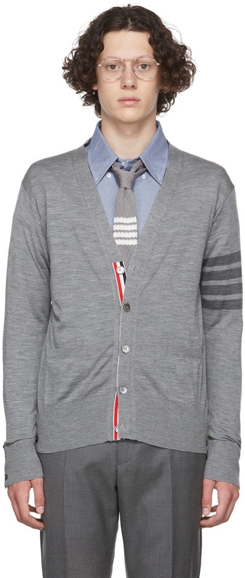 Photo: Thom Browne Gray Wool 4-Bar Cardigan