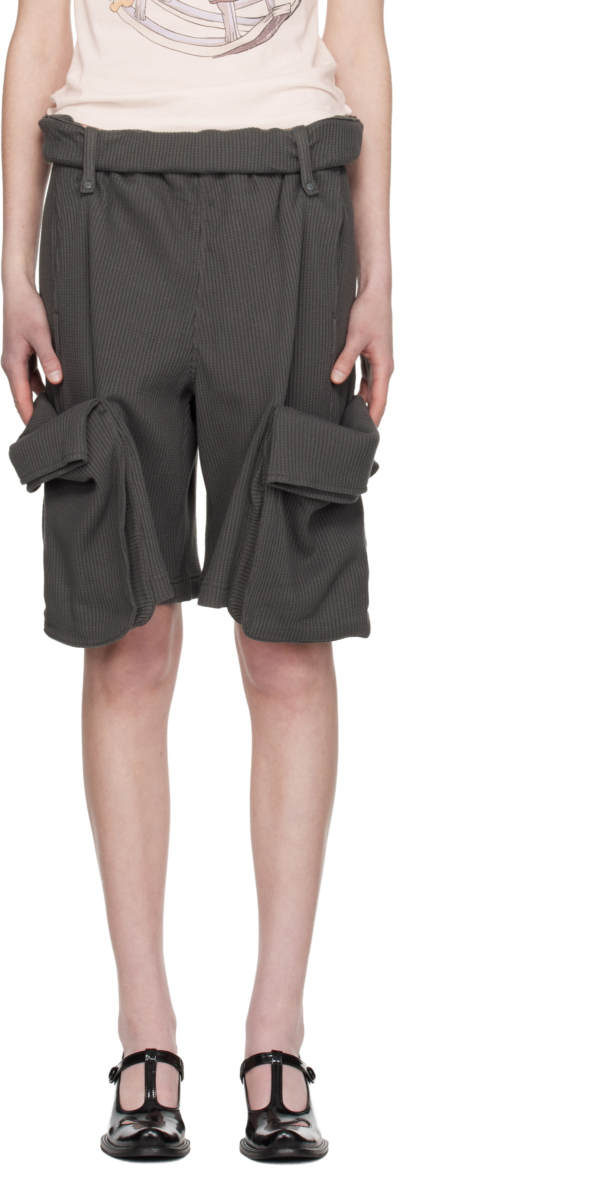 OPEN YY Gray Rolled Waist Sweat Cargo Shorts