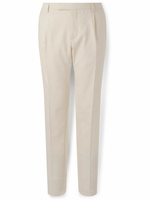 Photo: Lardini - Tapered Pleated Linen and Wool-Blend Twill Tuxedo Trousers - Neutrals