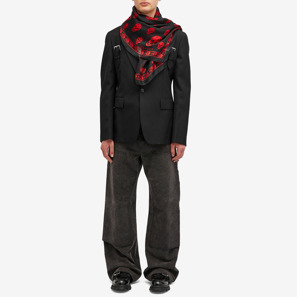 Alexander McQueen Men's Chiffon Skull Scarf in Black/Red Alexander McQueen