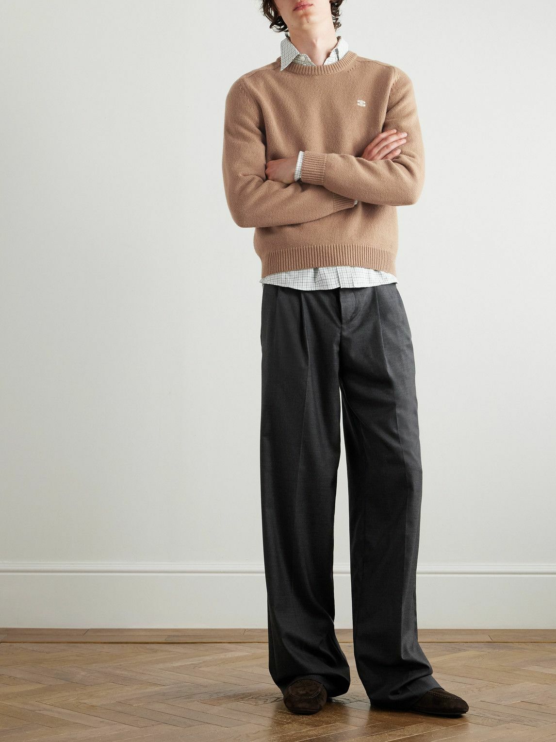 CELINE - Logo-Embroidered Wool and Cashmere-Blend Sweater - Brown