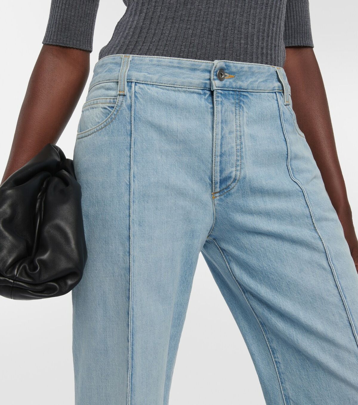 blue cotton cropped curved seam jeans featuring high-waist BOTTEGA