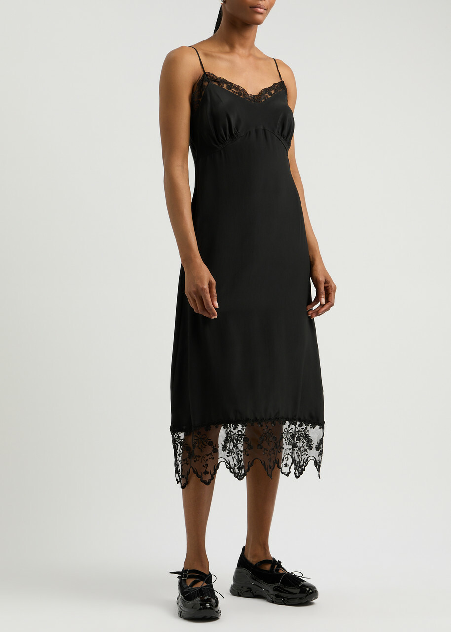 knee length dresses for ladies Lace-Trim Midi Slip Dress by Anthropologie in Black, Size: XL main image 1