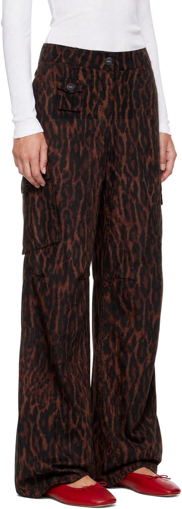 GANNI Brown Printed Cotton Cargo Pants