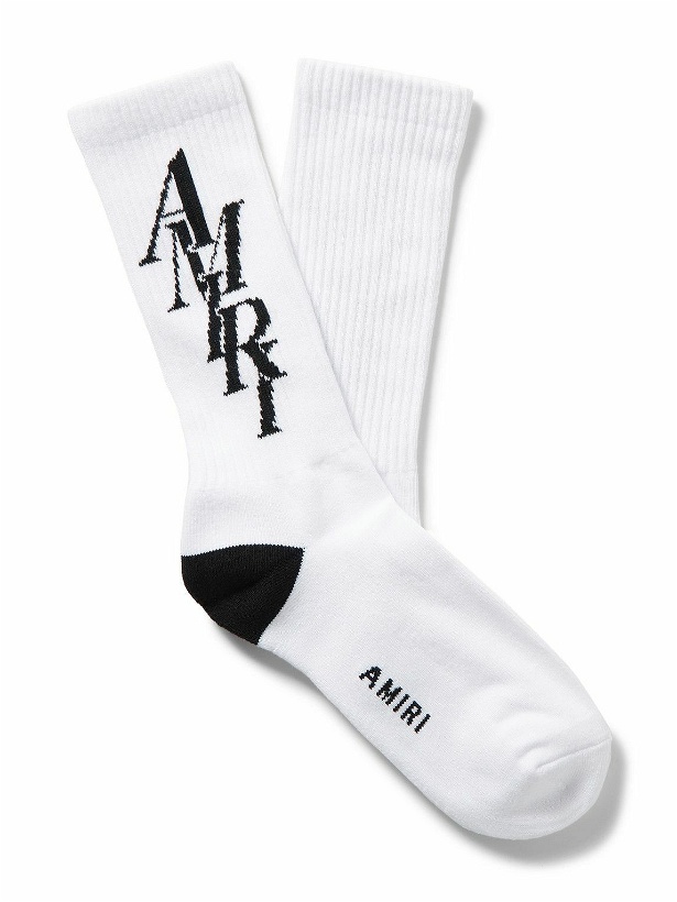 Photo: AMIRI - Stack Logo-Jacquard Ribbed Cotton-Blend Socks - White