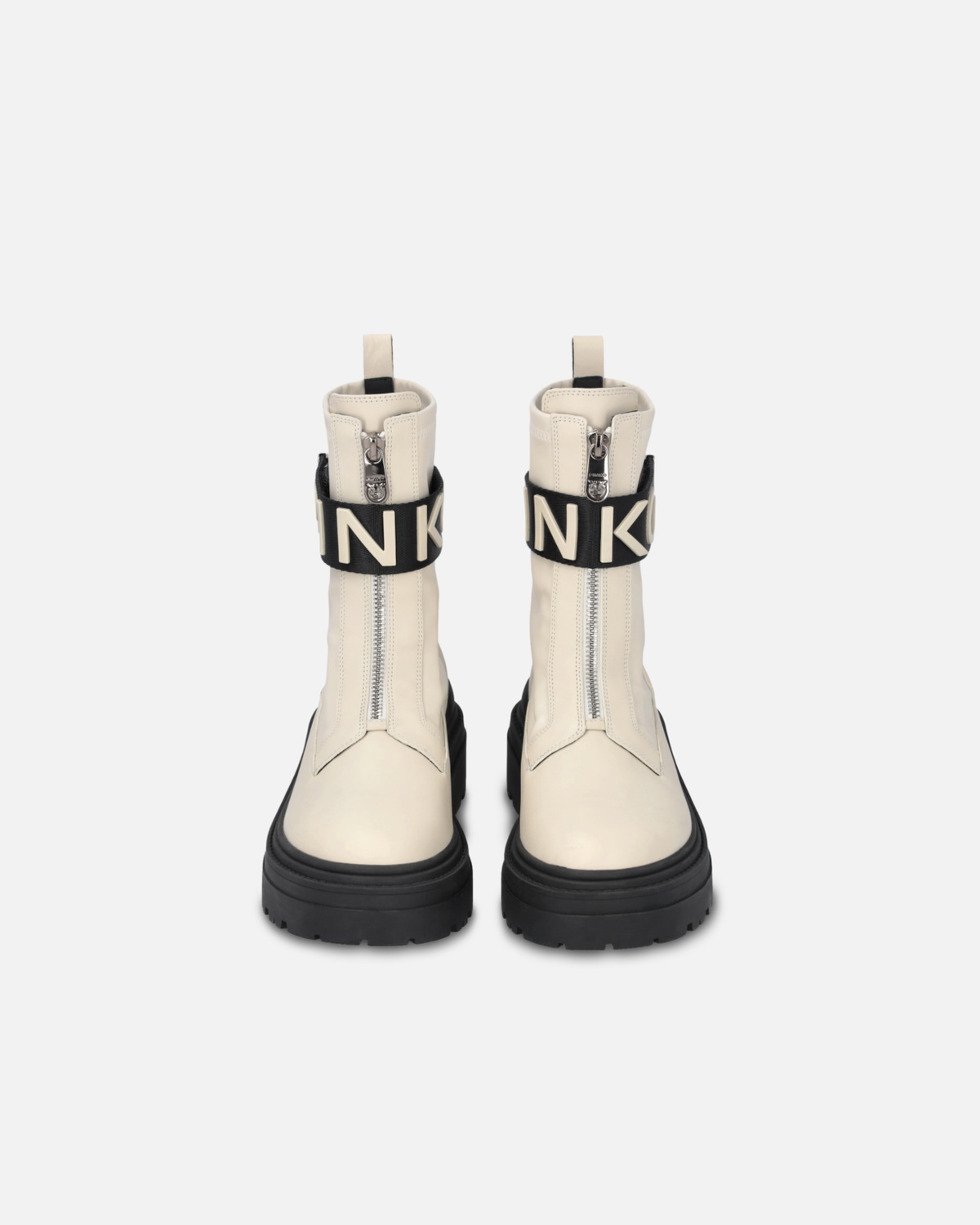 Pinko Leather Combat Boots With Branded Front Stretch Ribbon Yoghurt