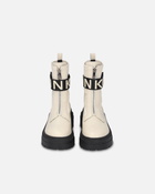 Pinko Leather Combat Boots With Branded Front Stretch Ribbon Yoghurt