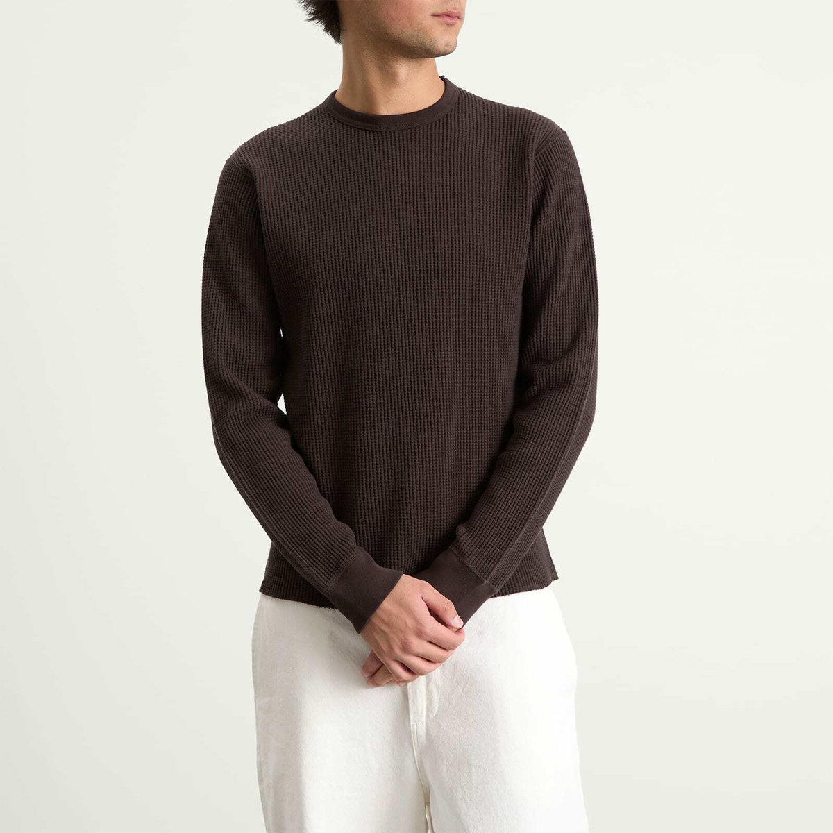 BEAMS Men's Waffle Crew Neck Sweatshirt in Dark Brown