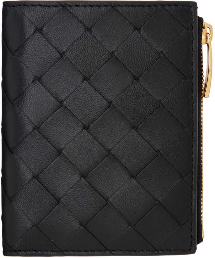 Photo: Bottega Veneta Black Small Intrecciato Bi-Fold Zip Wallet