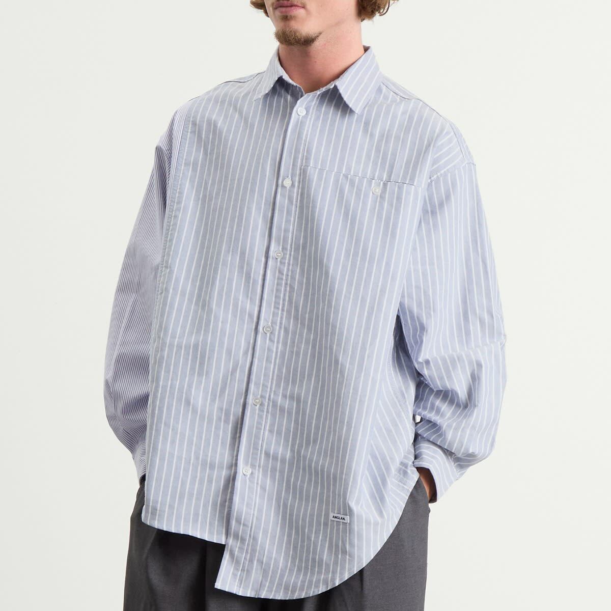 Anglan Men's Unbalance Patch Big Shirt in Striped