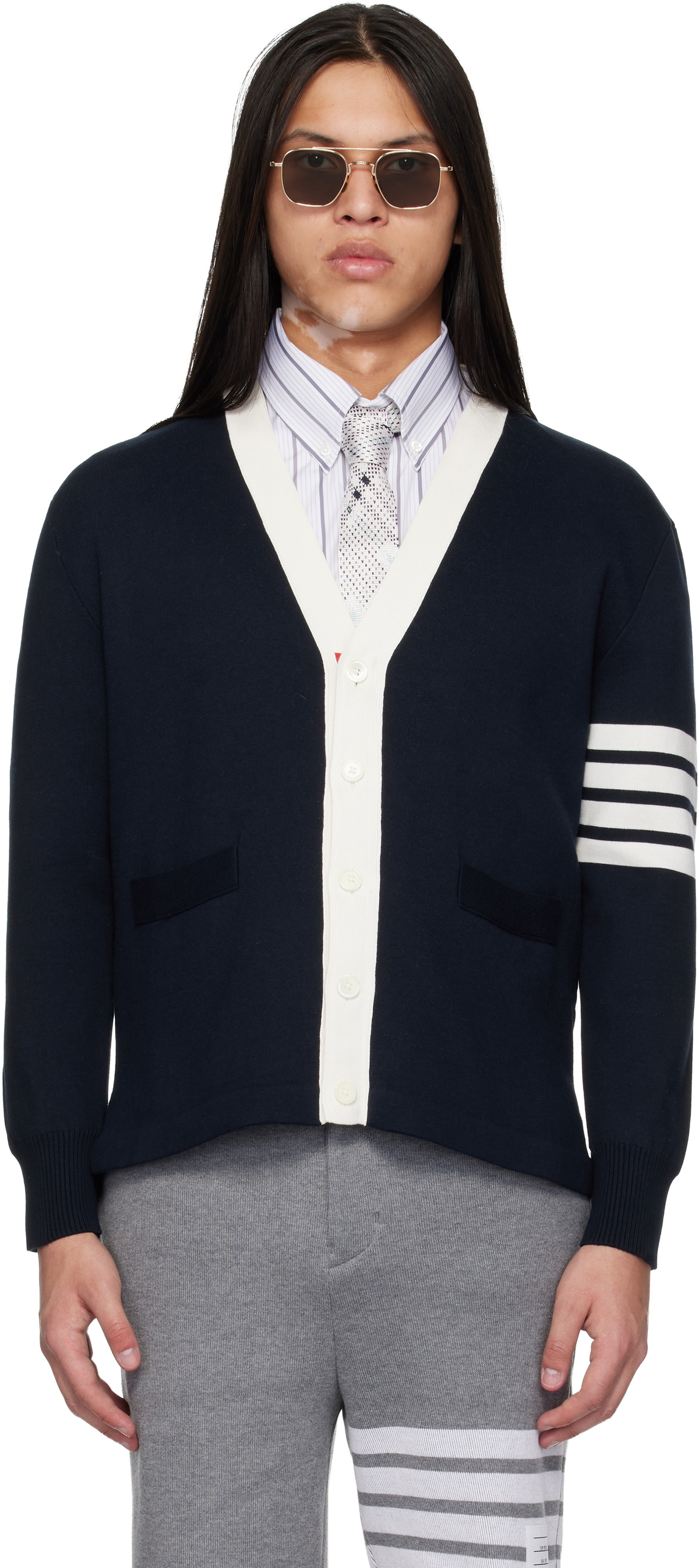 Thom Browne Navy Crest Intarsia Jacquard 4-Bar Rugby Fit Cardigan