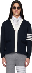 Thom Browne Navy Crest Intarsia Jacquard 4-Bar Rugby Fit Cardigan