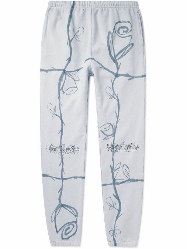 Photo: Collina Strada - Slim-Fit Tapered Crystal-Embellished Printed Cotton-Jersey Sweatpants - Blue