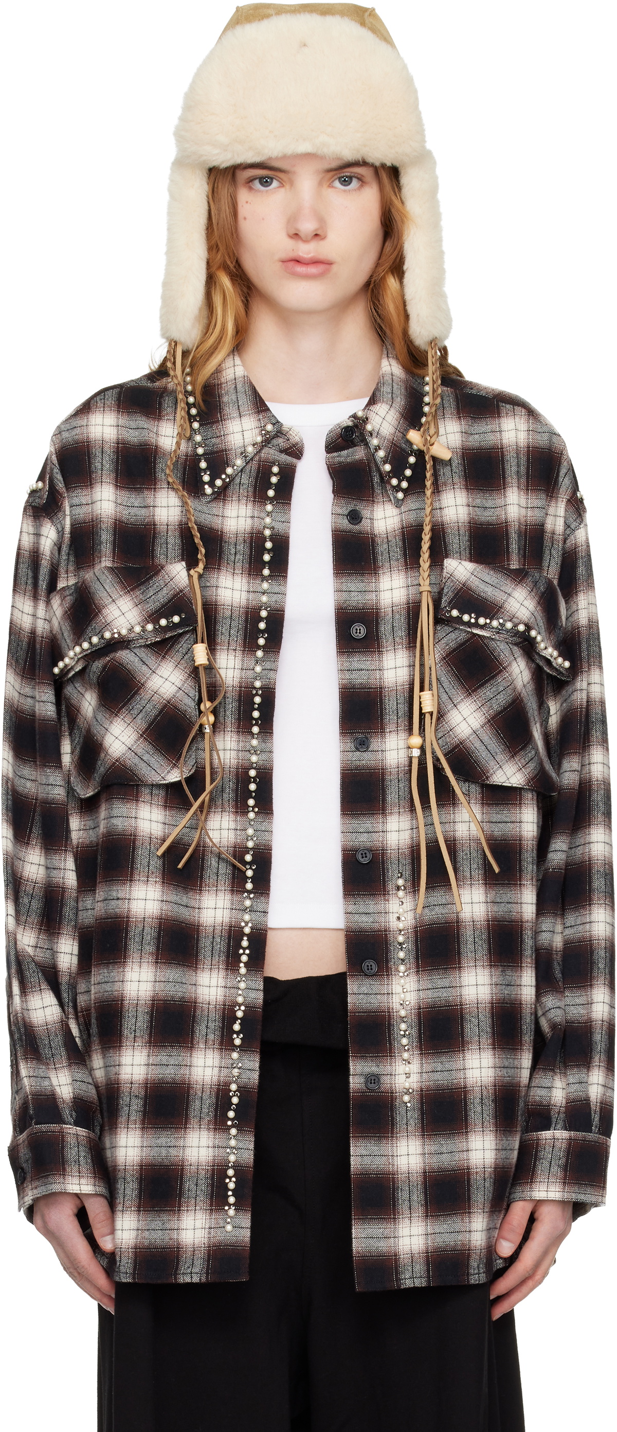 OPEN YY Brown & White Beaded Pocket Shirt