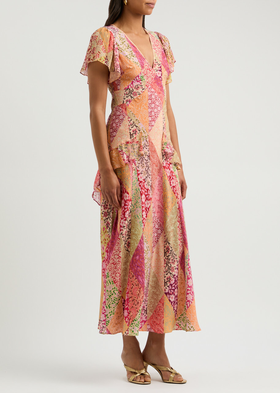 Rixo Evie Patchwork-print Silk Maxi Dress Pink Rixo