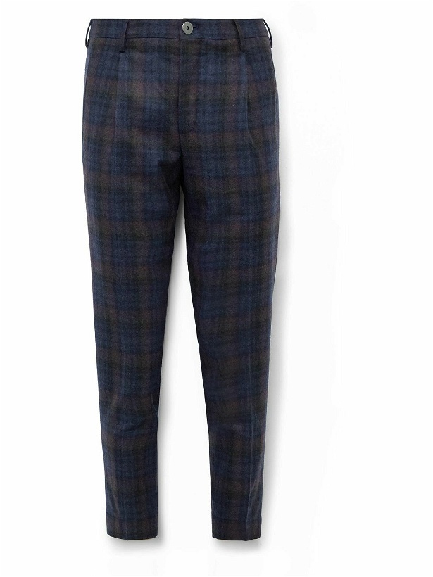 Photo: Incotex - Tapered Cropped Pleated Checked Wool-Blend Trousers - Blue