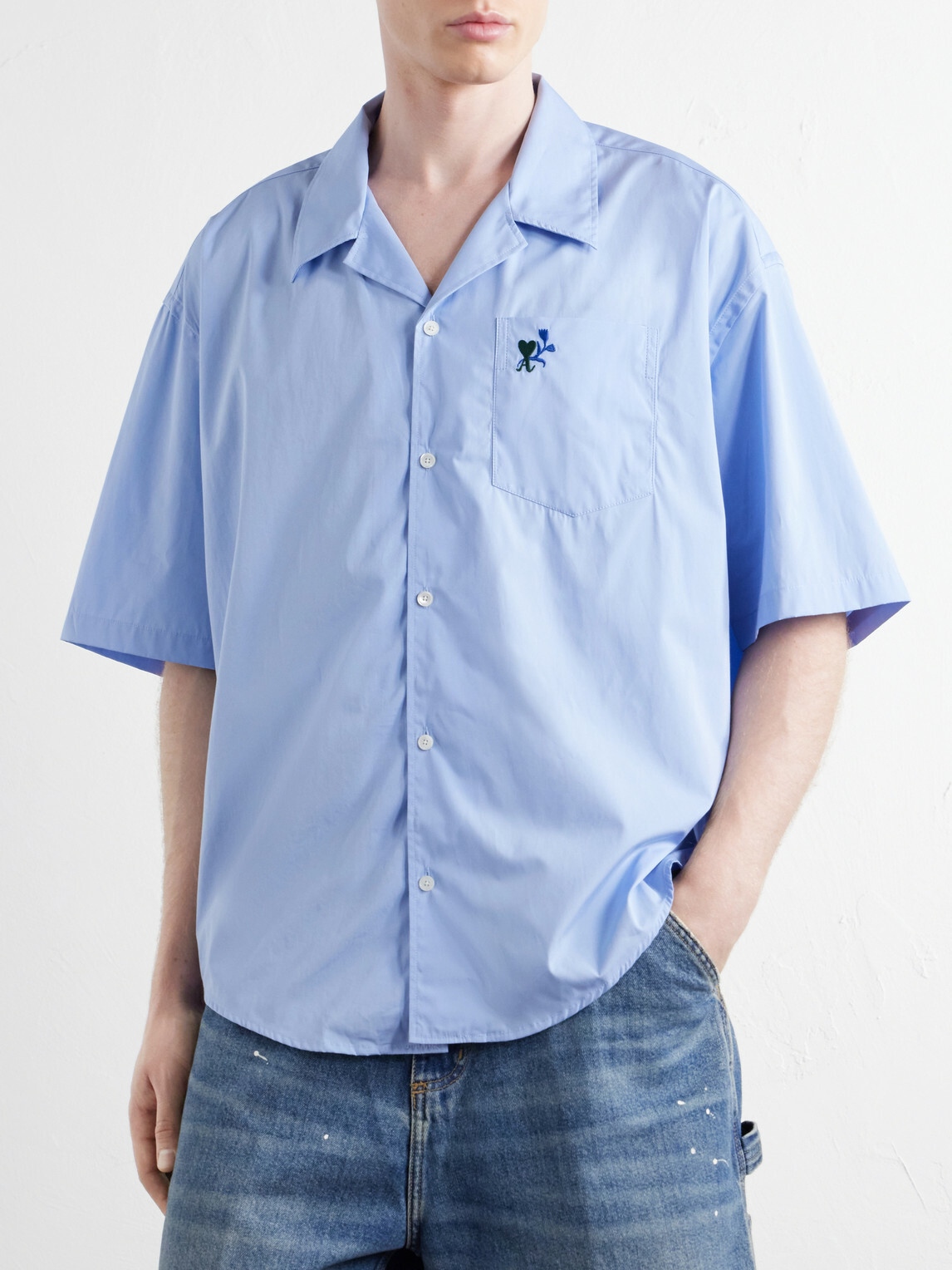 AMI PARIS - Logo-Embroidered Cotton-Poplin Shirt - Blue