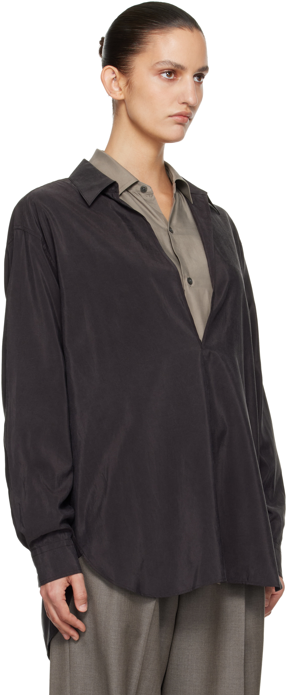 ssstein Brown Silk Nylon Skipper Shirt