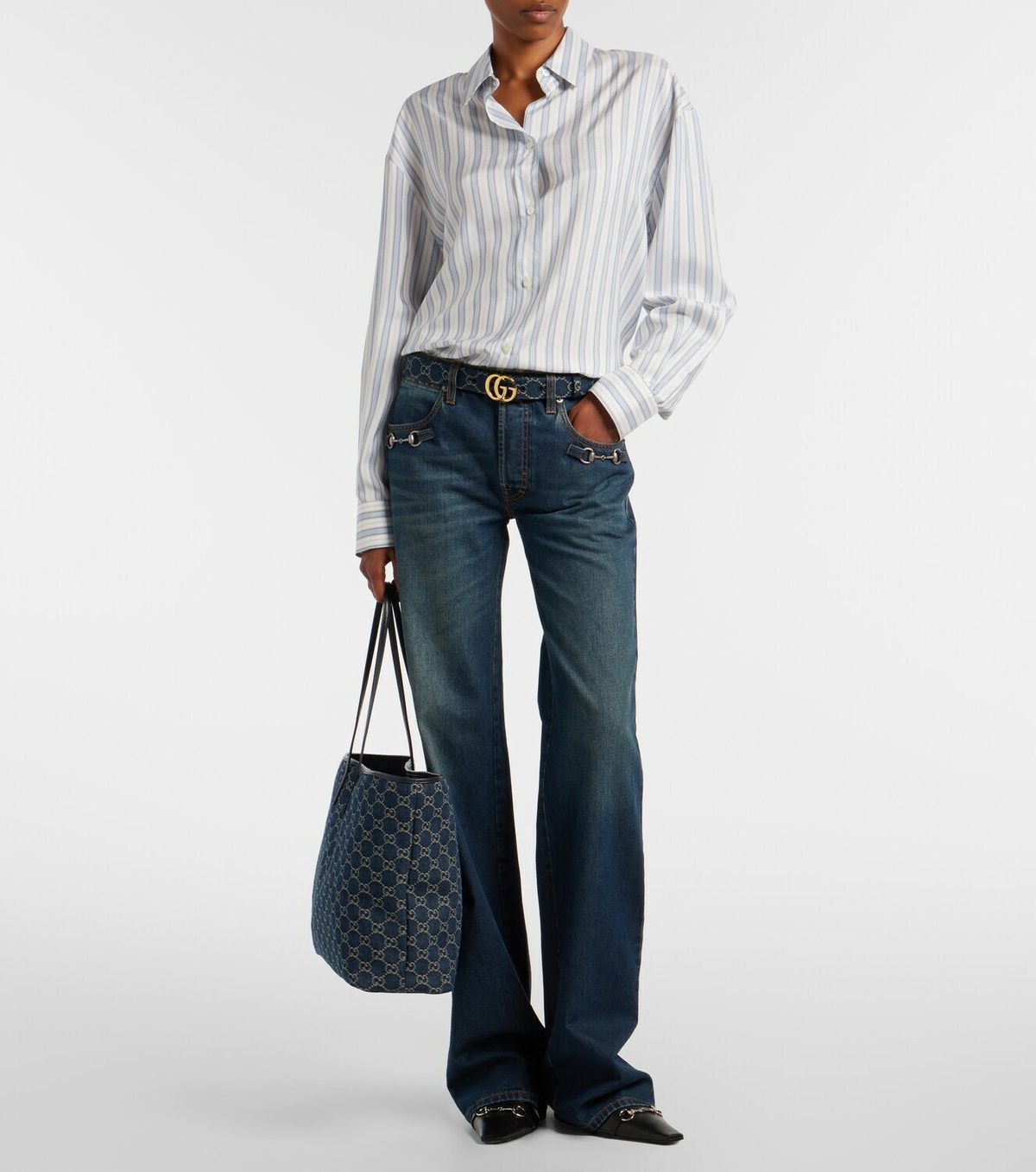 Gucci Essence Large leather-trimmed denim tote bag
