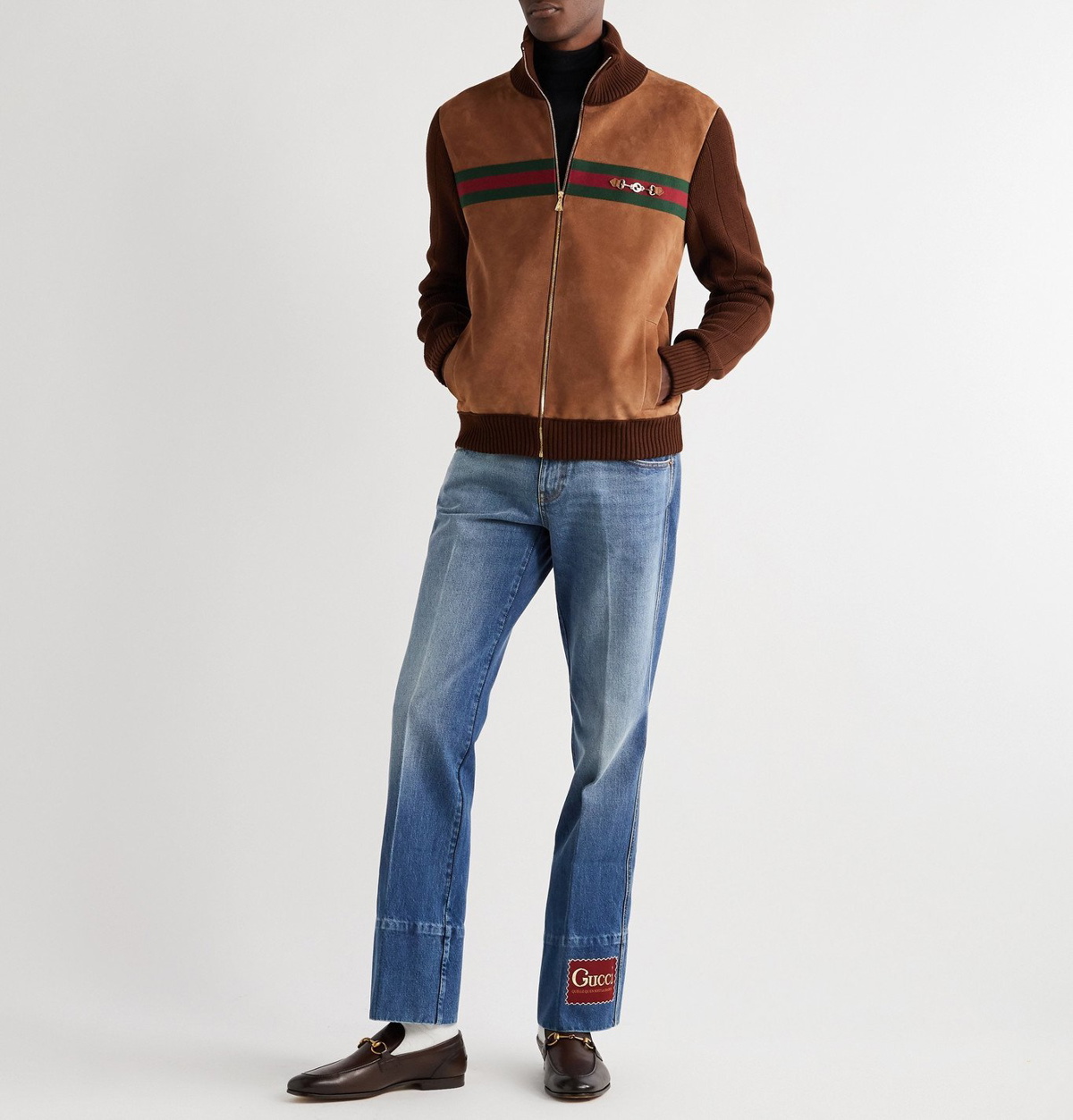 Gucci - Horsebit Webbing-Trimmed Suede and Cotton-Jersey Bomber Jacket -  Brown Gucci
