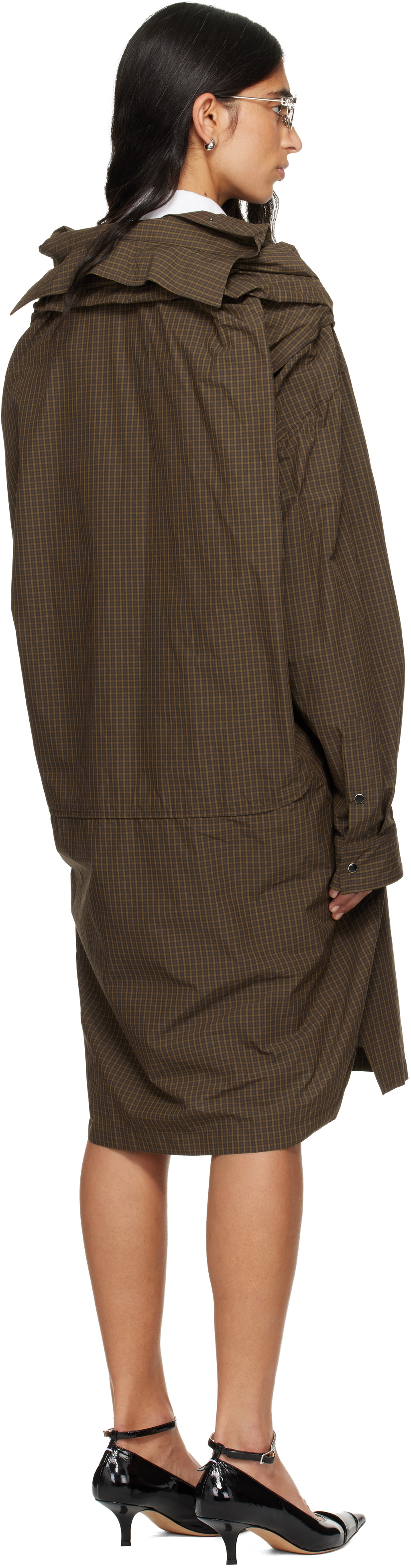 Maison MIHARA YASUHIRO Brown Sleeve Layered Check Shirt Midi Dress
