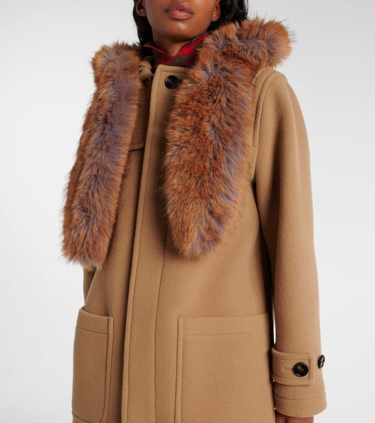 BURBERRY LONDON FUX FUR WOOL BELTED LONG DOWN COAT/ バーバリー