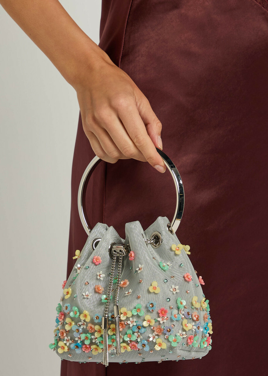 Jimmy Choo Bon Bon Floral-embellished Mesh Bucket bag - Silver - One Size