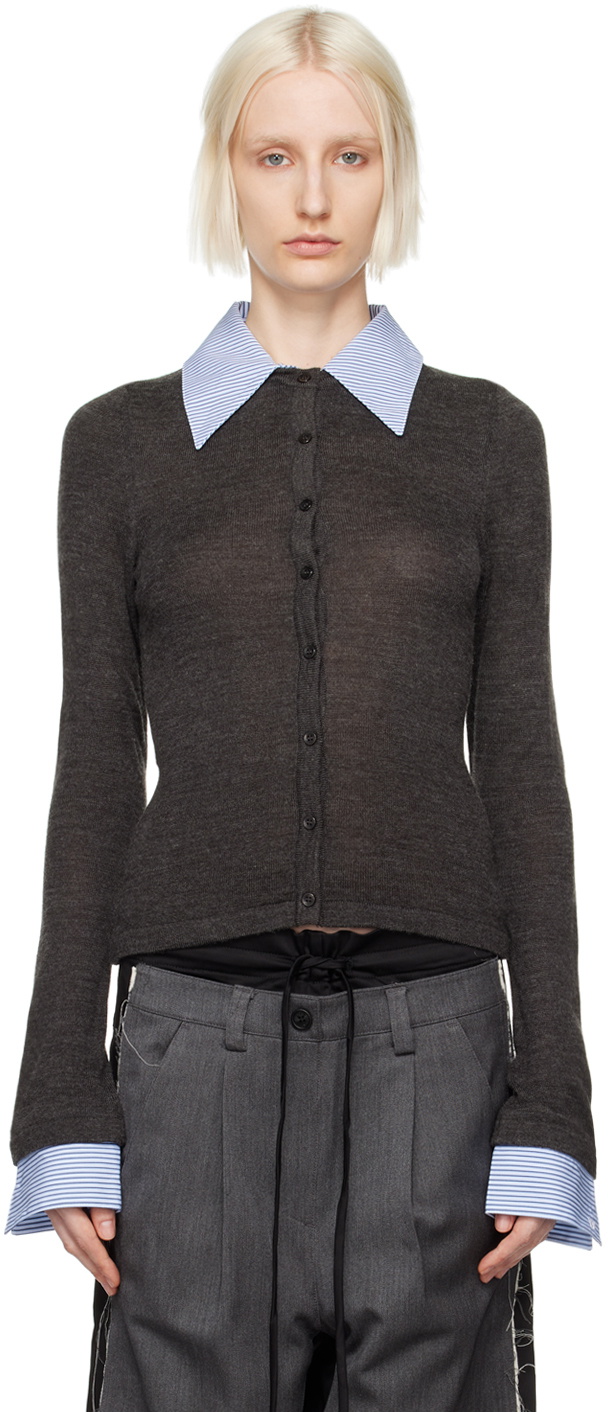 OPEN YY Gray Cotton Collar Cuffs Cardigan OPEN YY OPEN YY Gray Cotton Collar Cuffs Cardigan OPEN YY